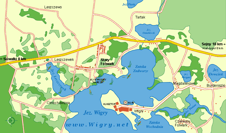 Mapa jezioro Wigry, Stary Folwark, okolica i dojazd. Kwatery prywatne, agroturystyka - jezioro Wigry na Suwalszczyźnie